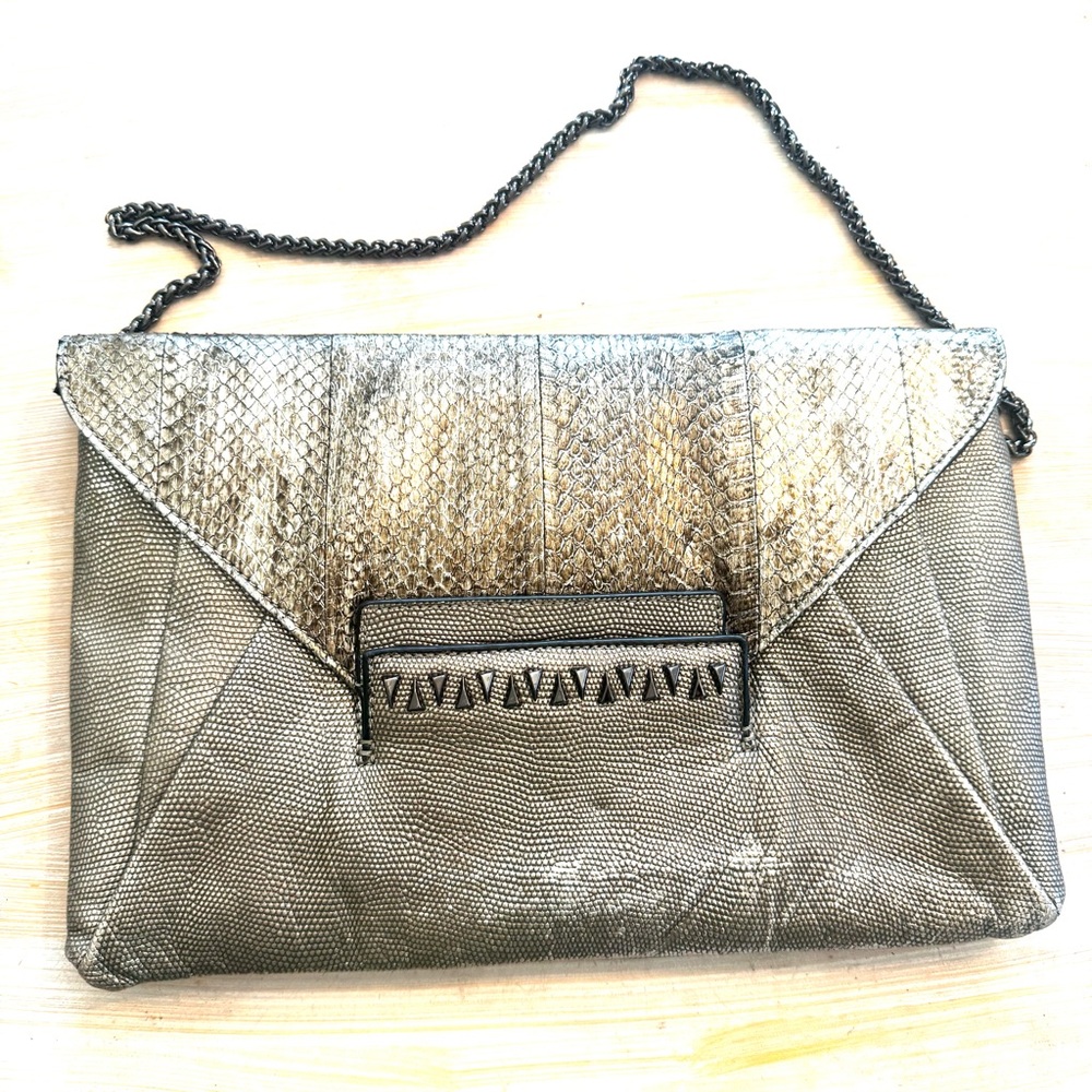 Vintage Y2K Rafe Metallic Snakeskin & Leather Envelope Clutch Bag